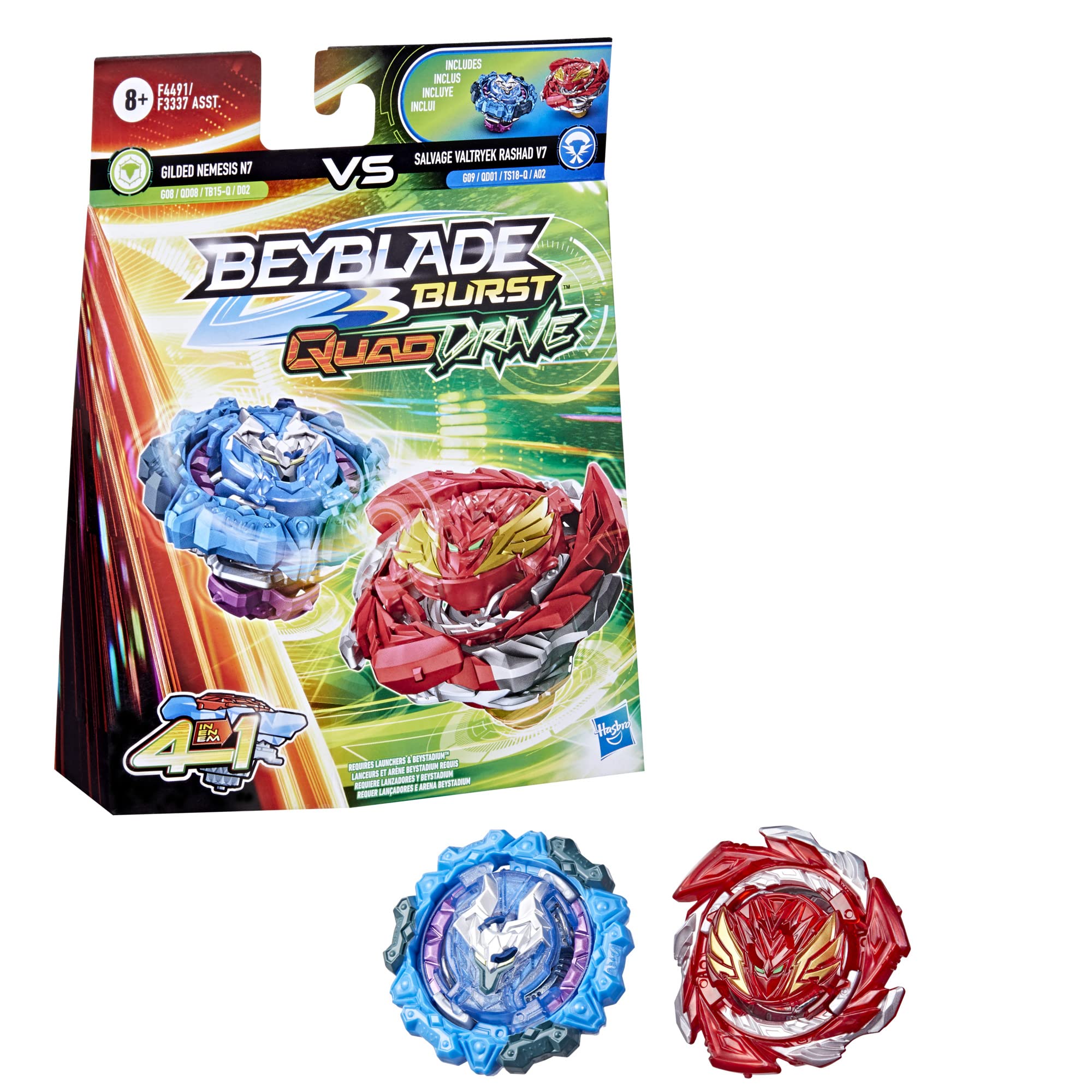 BEYBLADE Burst QuadDrive Salvage Valtryek Rashad V7 and Gilded Nemesis N7 Spinning Top Dual Pack -- 2 Battling Game Top Toy for Kids Ages 8 and Up