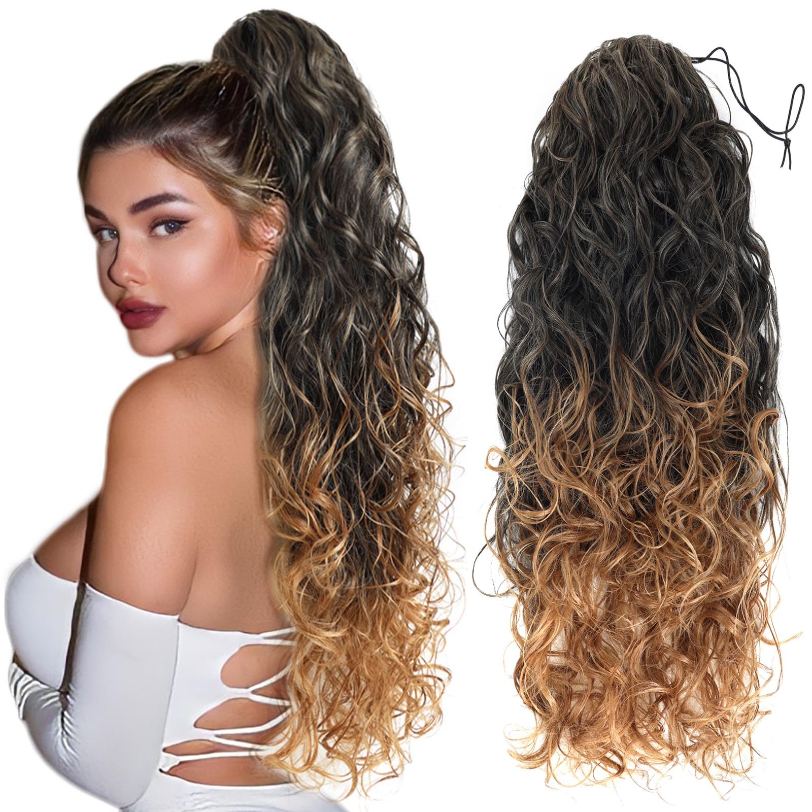 BEAUTY ON LINE Drawstring Ponytail - Long Curly Ponytail Extensions for Women Synthetic Drawstring Ponytail Hair Extensions 26 Inch Long Wavy Fake Ponytail Clip in Ponytail Extensions(mt1b/27#)
