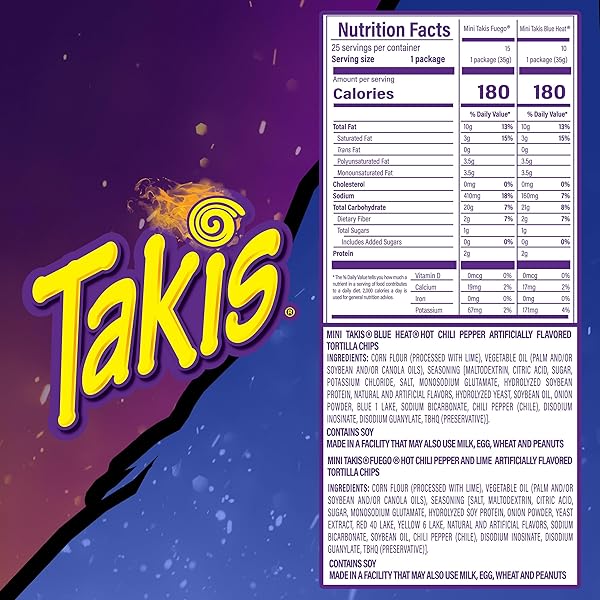 TAKIS MINI 25 PC / 1.23 OZ BITE SIZE VARIETY PACK, ASSORTED FLAVORED MIXED ROLLED TORTILLA CHIPS – (15) FUEGO, (10) BLUE HEAT