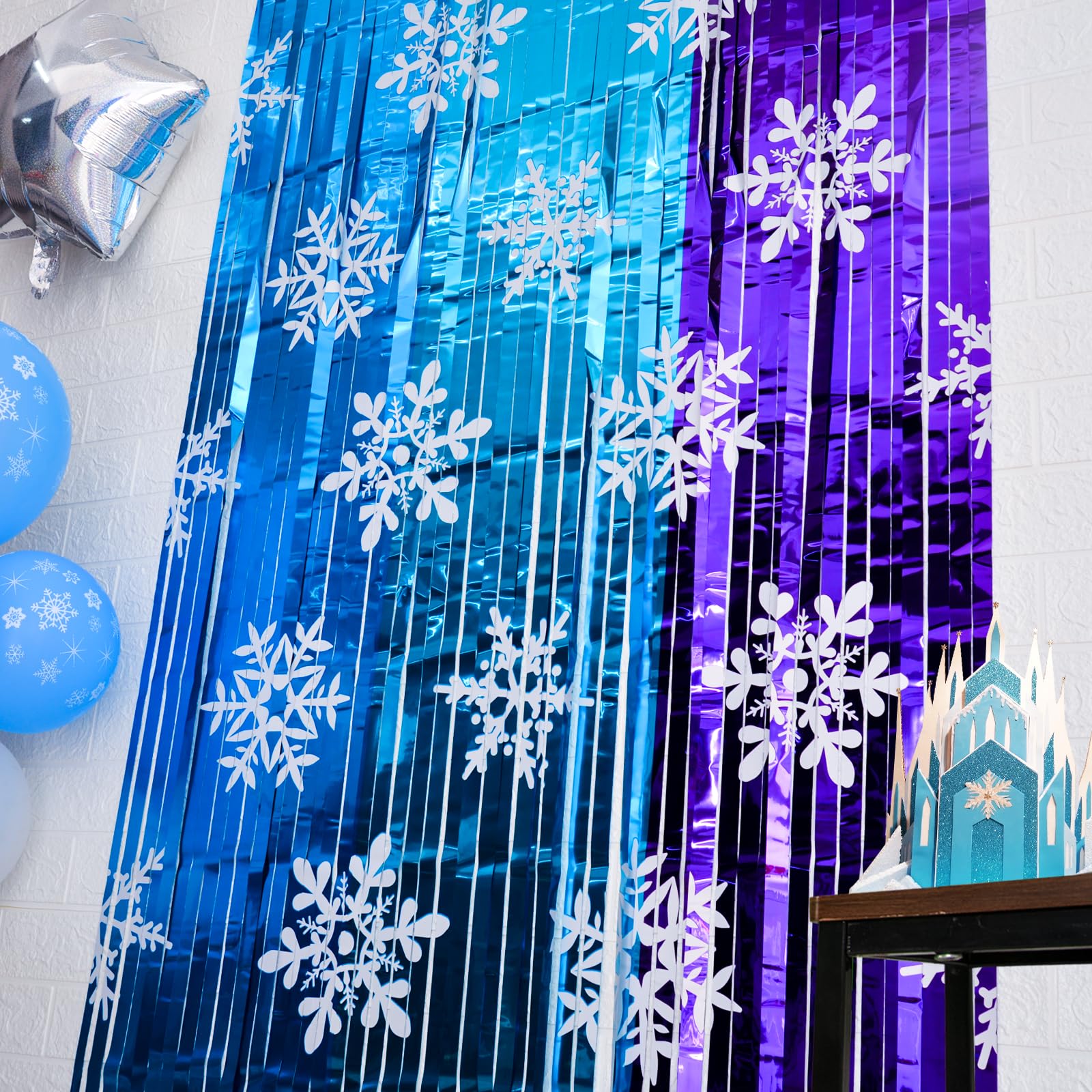 Bupelo Winter Princess Birthday Party Decorations, 2 Pack Ice Birthday Party Supplies 3.3x6.6ft Tinsel Foil Fringe Curtains, Winter Photo Booth Prop Backdrop Streamer, Snowflake Birthday Party Decor