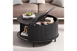 Vanvuson Round Coffee Table with Storage, 31.5" Modern Coffee Table with Sliding Door & Solid Wood Legs, Minimalist Fluted Center Table for Living Room, Home Small Space, Black