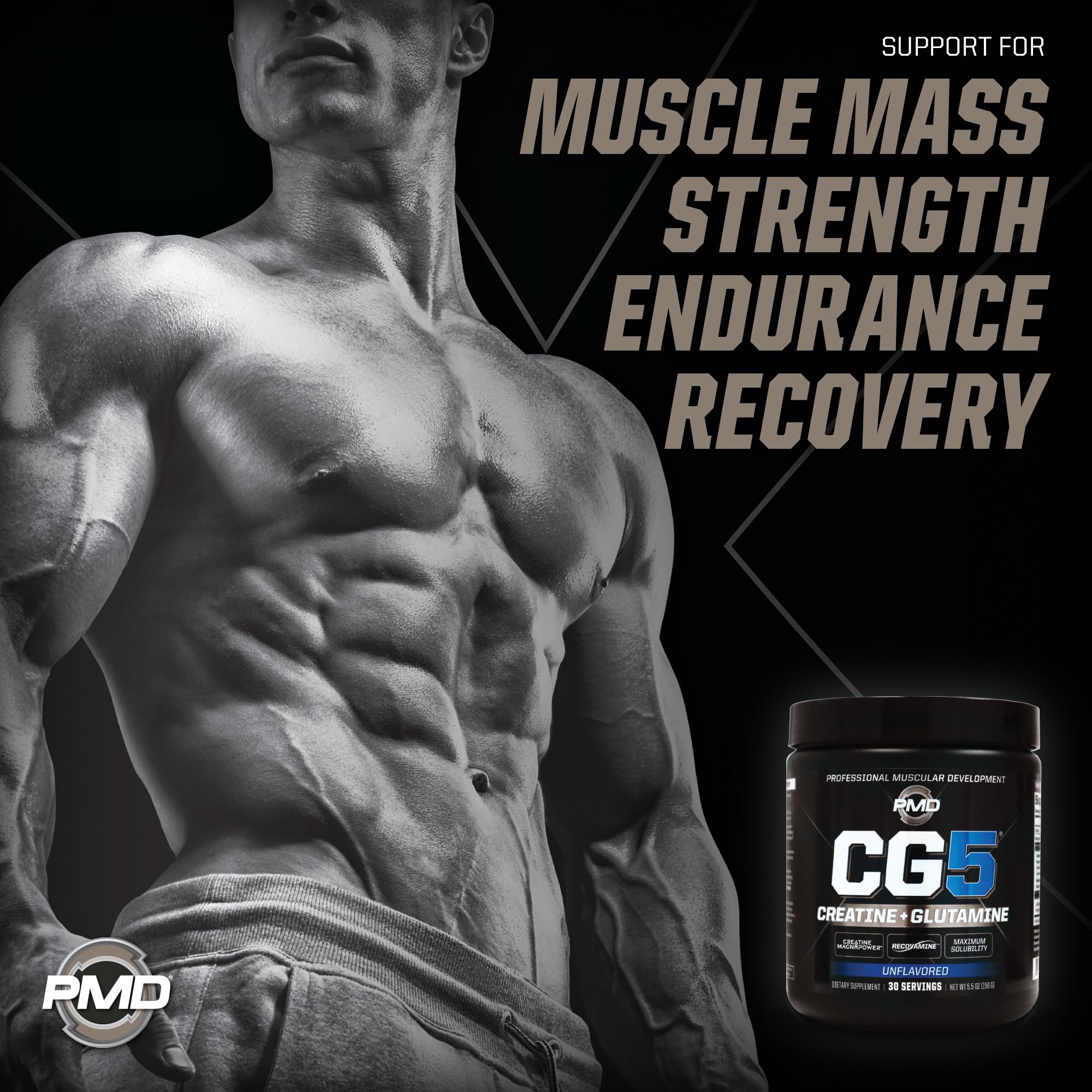 PMD Sports CG5 Premium Creatine & L Glutamine Powder, Power Recovery, Build Lean Muscle, Increase Workout Performance, Maximum Strength Pre Workout & Post Workout, Unflavored, 30 Servings