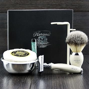 Premium Rasierzeug Geschenk für Männer (Rasierhobel, Pinsel, Schüssel, Stand) Marken-Box (keine Klingen enthalten)
