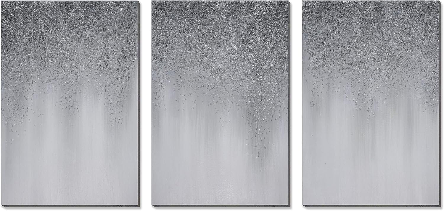 Paintings - 3Hdeko - 3D Silver Glitter Abstract Canvas Wall Art 60X30inch 100% Hand-painted Gradient Gray Textured Painting for Living Room Bedroom, Large 3 Piece Modern Gray Home Decor, Ready to Hang