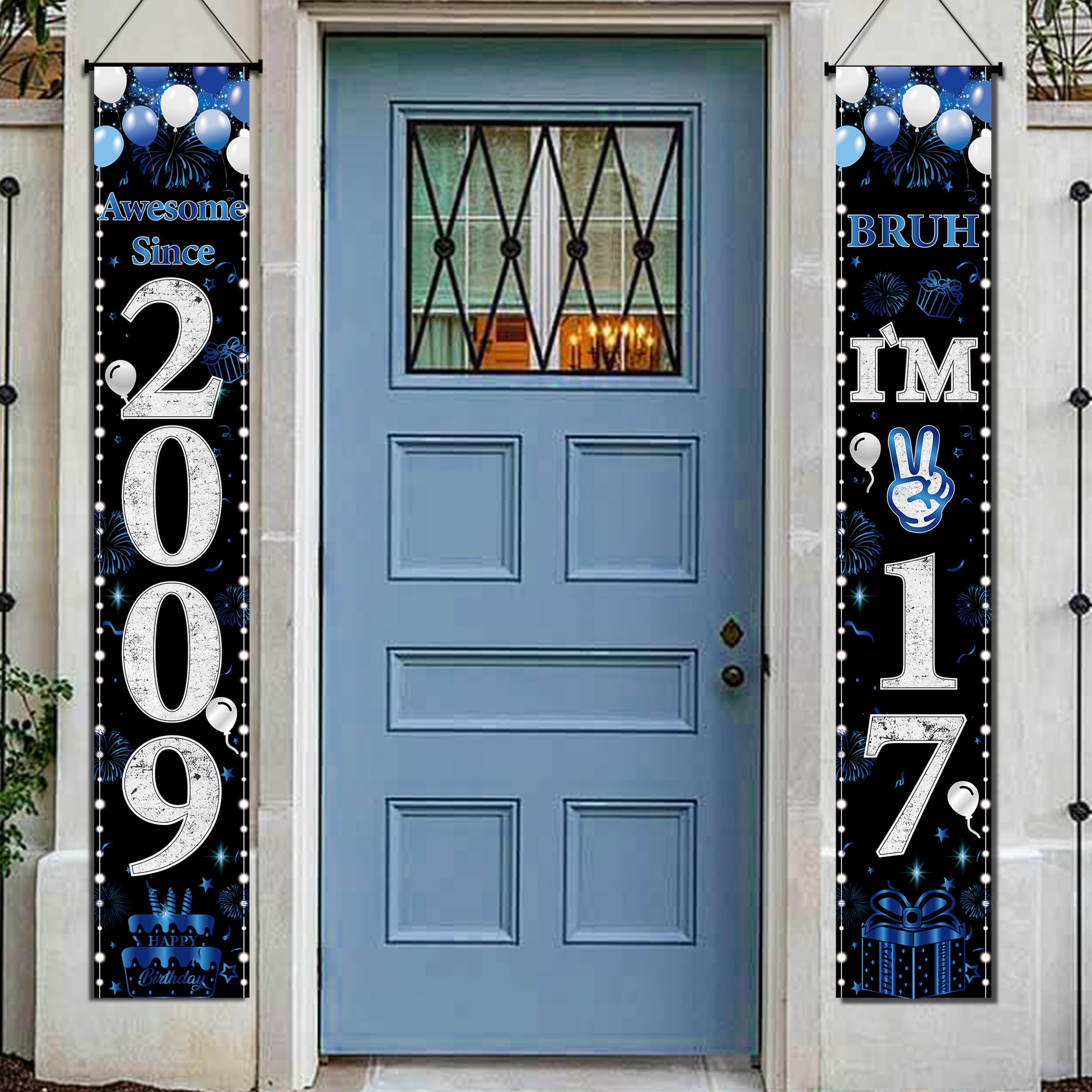 17th Birthday Decorations Door Banner - 2 Pcs Blue Awesome Since 2009 Bruh I'm 17 Happy Birthday Party Banners Porch Sign for Teenager Girls Boys Party Background Decor Supplies, 180 × 30 cm