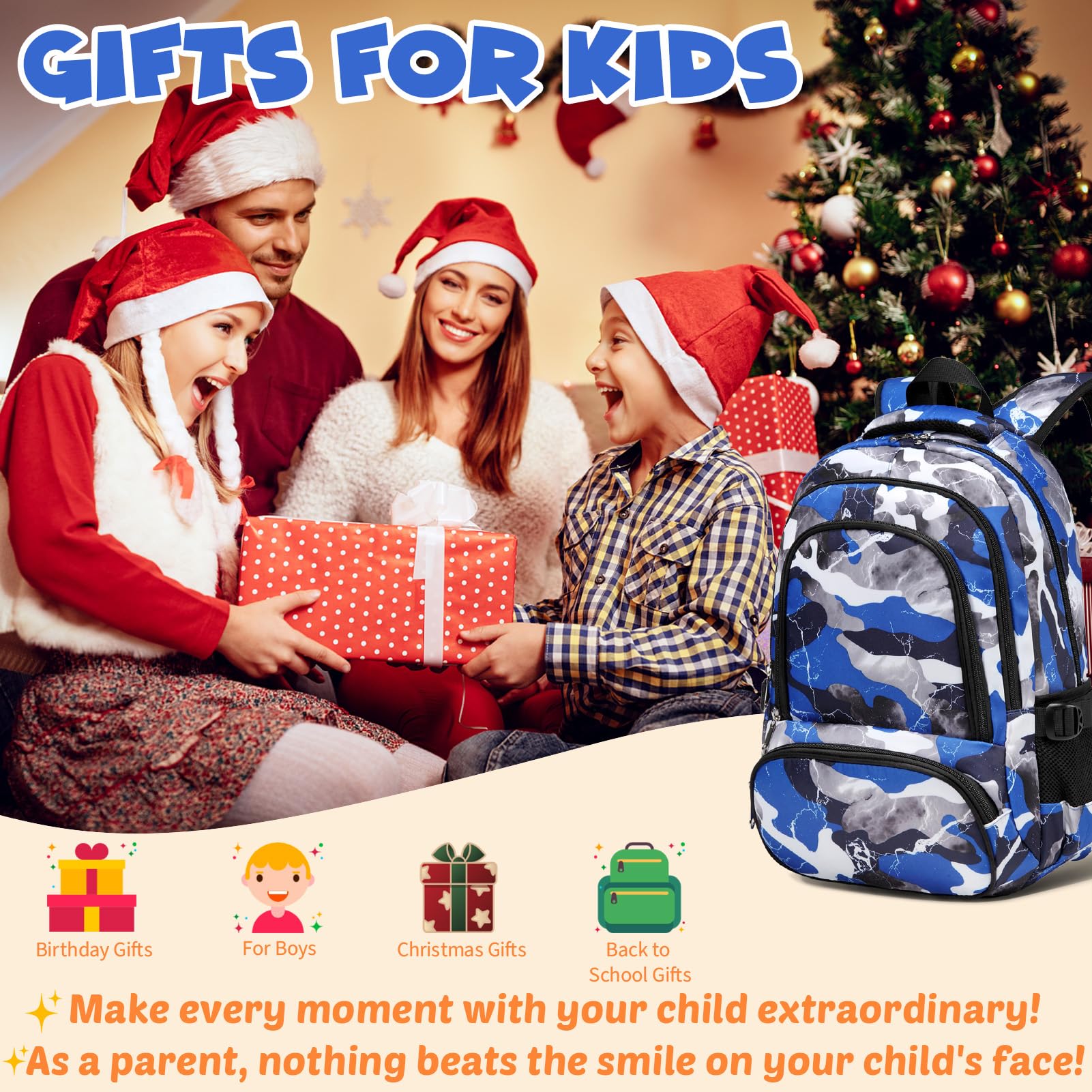 BLUEFAIRY Kids Backpack for Boys Elementary Book Bags Primary Middle School Bookbags for Childs Water Resistant Back to School Gifts Son Mochila Escolares para Niños Aged 8-10 17 Inch Camo Blue
