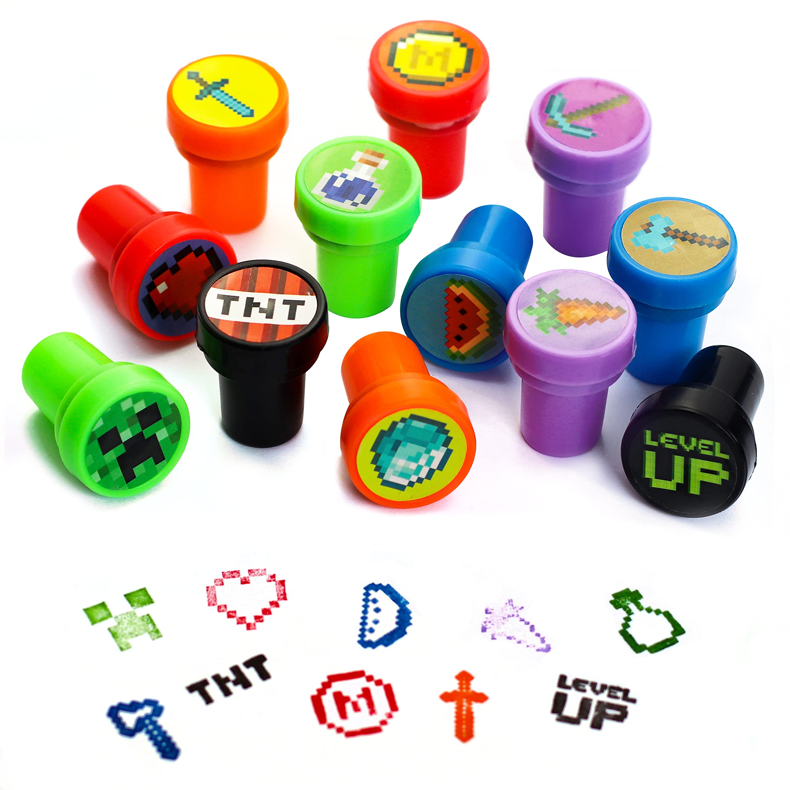 Photo 1 of 24Pcs Pixel Miner Themed Stampers, Mine Pixel Craft Party Supplies Gifts, Ideal for Classroom Rewards Prizes Goody Bag Treat Bag Stuffers