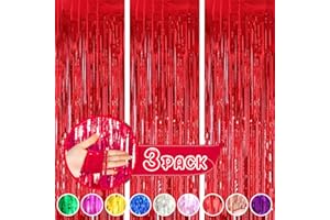 BEEYAKY Red Curtains for Party Decorations, 3 Pack 3.2ft x 8.2ft Red Streamers for Carnival Decorations, Birthday Decorations Background for Photo Booth, Wedding, Halloween, Christmas Party Decoration