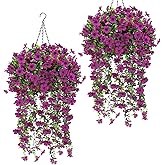 Geegoods 2 Set Artificial Hanging Flowers Plants for Outdoor, Faux Hanging Violet Flowers Baskets with Eucalyptus Vines UV Resistant Realistic Fake Plants for Outside Porch Garden Yard Home Decor