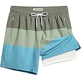 Turnshine Mens Swim Trunks with Compression Liner Stretch 7" Bathing Suit Beach Shorts