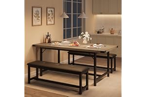 IDEALHOUSE 3 Piece Dining Table Set for 4-6, 63" Extendable Kitchen Table with 2 Upholstered Benches Set for 6, Thick Metal Frame, Rectangle Wooden Dinette Table Set for Dining, Apartment, Retro Gray