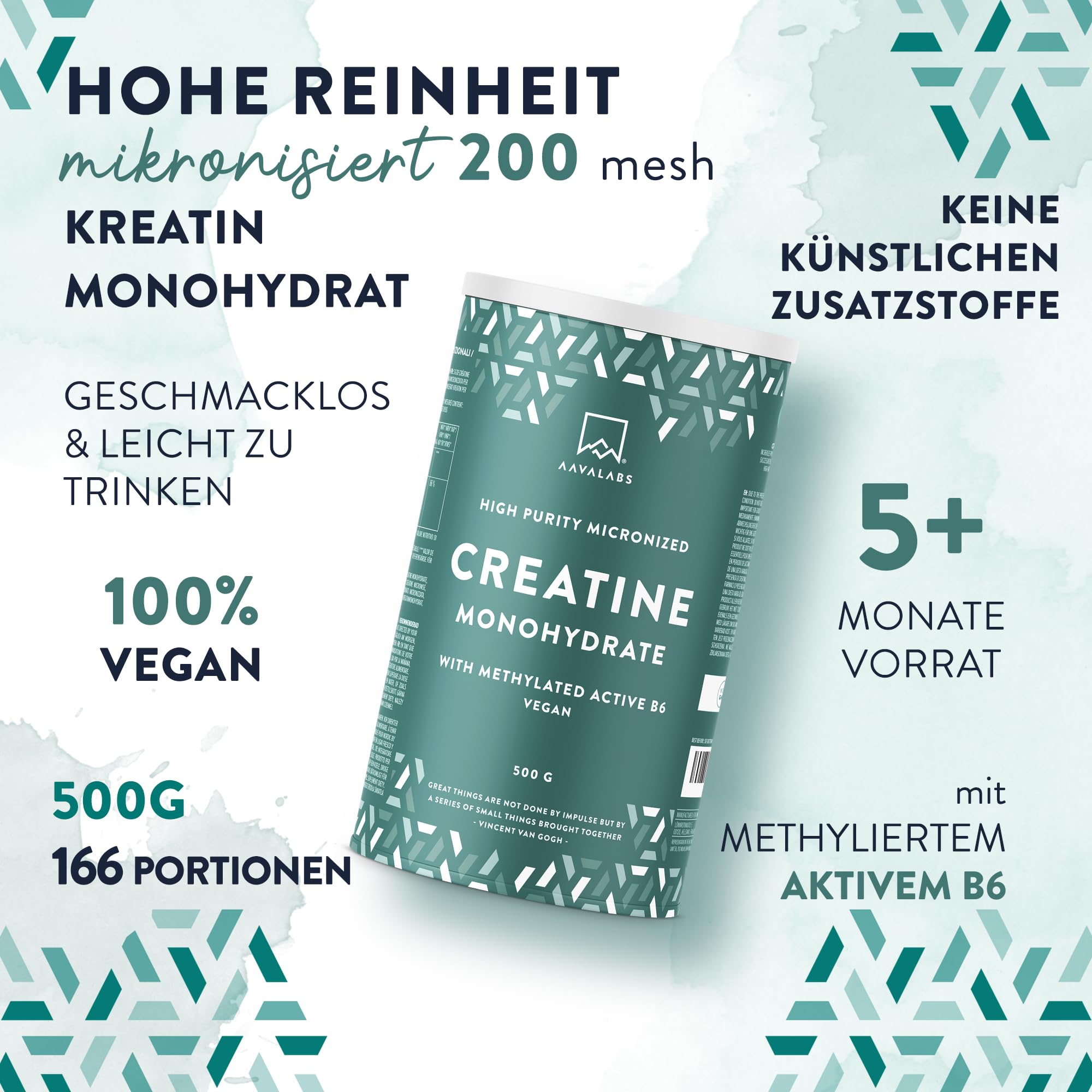 Creatin Monohydrat Pulver 500g | Pure Mikronisiertes 200 Mesh Kreatin Monohydrat Pulver mit Vitamin B6 P5P - Vegan Creatine Monohydrate - Pre Workout Creatin 2