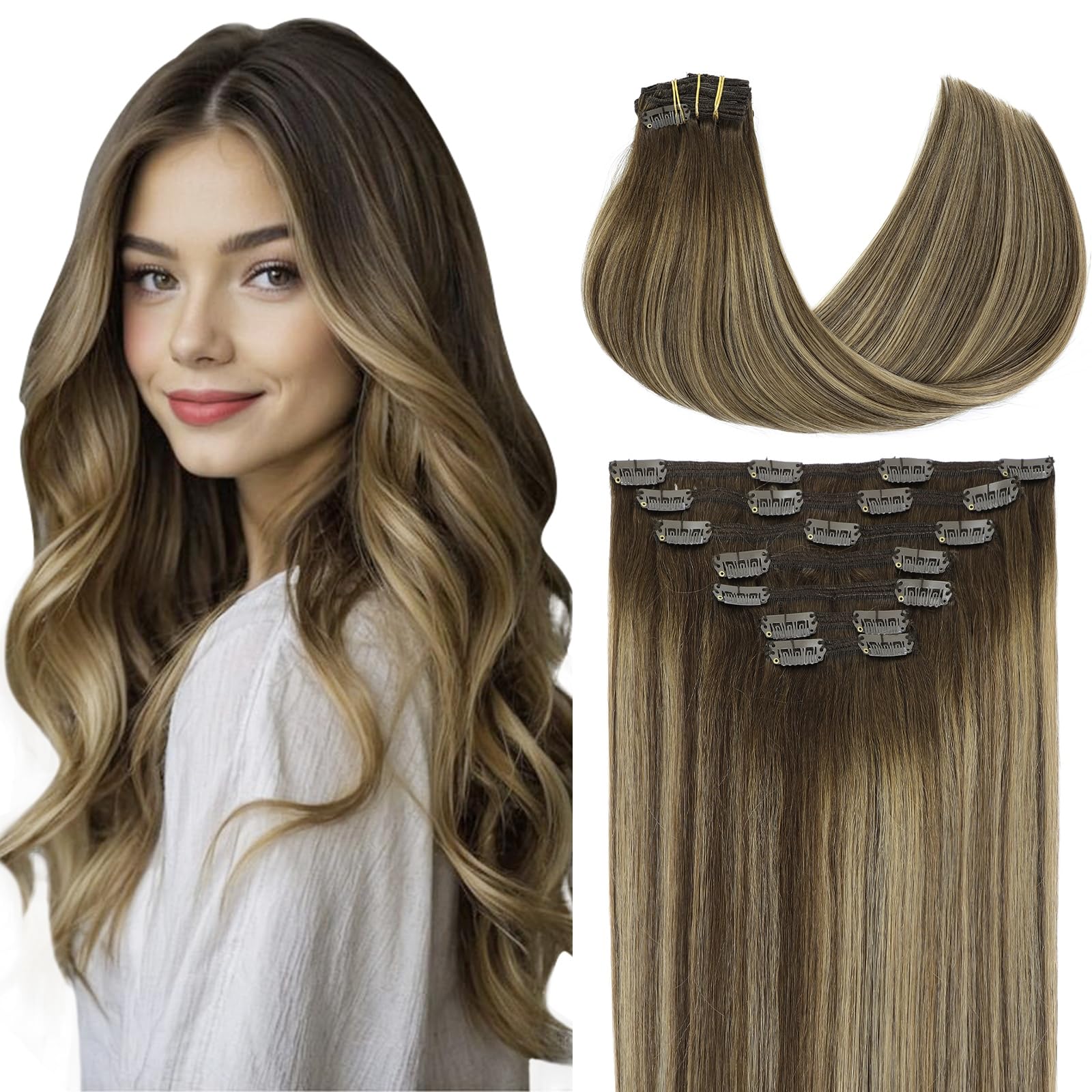 VINBAO Real Hair Extensions Clip in Thick Chocolate Brown Mixed Caramel Blonde 18inch 160g 7pcs Hair Extensions Clip ins for Women, Hair Clip in Extensions Silky Straight Invisible (#7C4274, 18") โ image 1