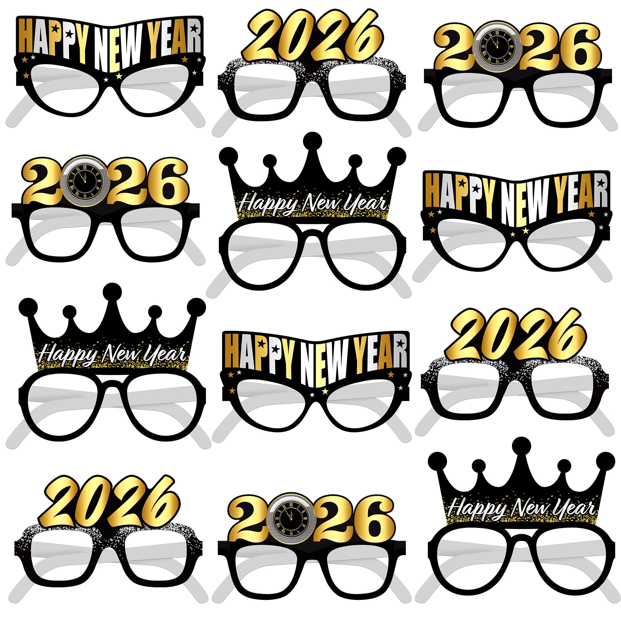 KatchOn, 2026 Glasses New Year Eve - Pack of 12 | Happy New Year Eyeglasses 2026 for New Years Eve Party Supplies 2026 | NYE Party Glasses | Happy New Years Decorations 2026 | NYE Sunglasses 2026