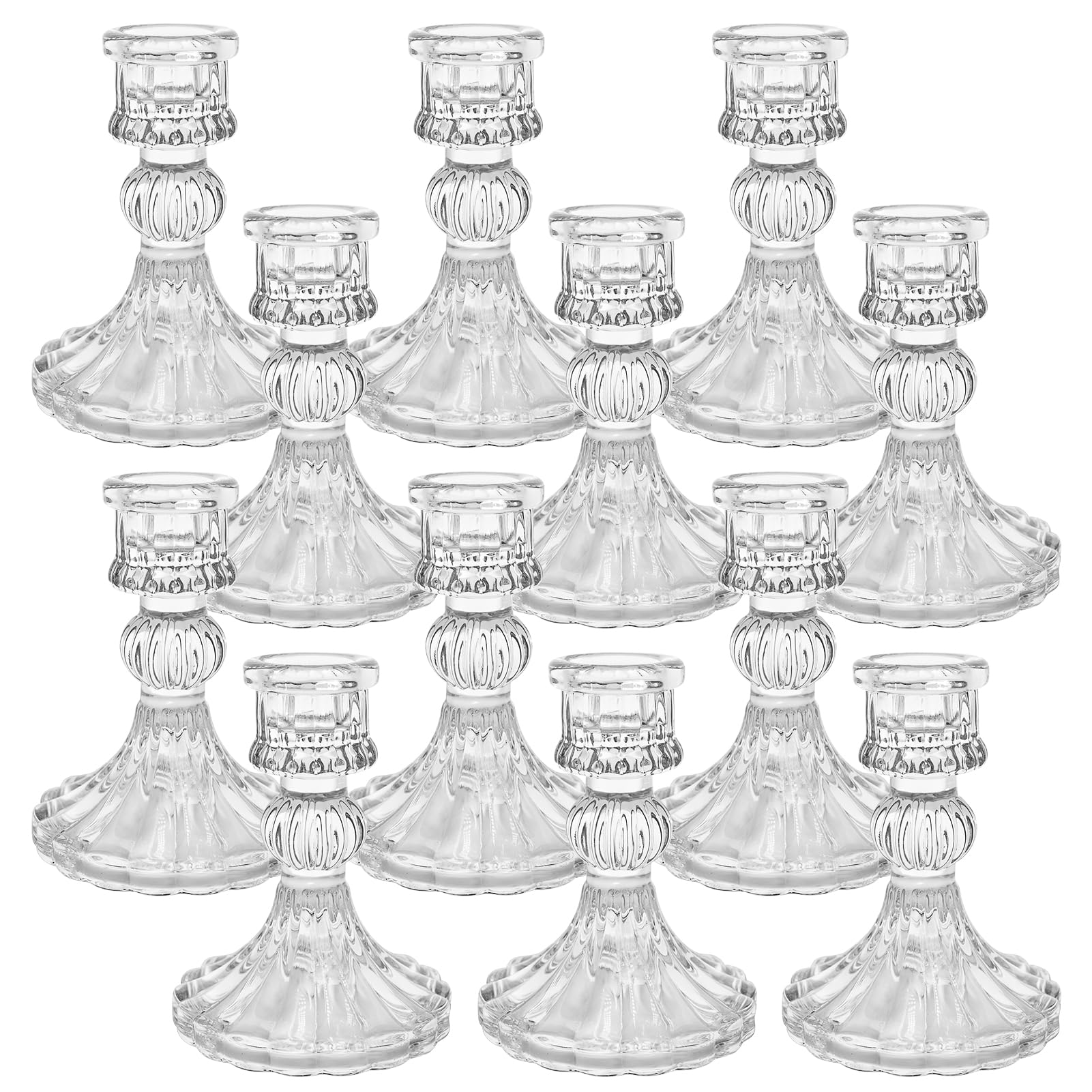 Photo 1 of Sudifor 12 Pack Glass Candlestick Holders- Clear Taper Stripe Candle Holders for Candlesticks, 4" H Taper Candle Holders Small Centerpiece for Wedding, Festival, Party & Windowsill Decor