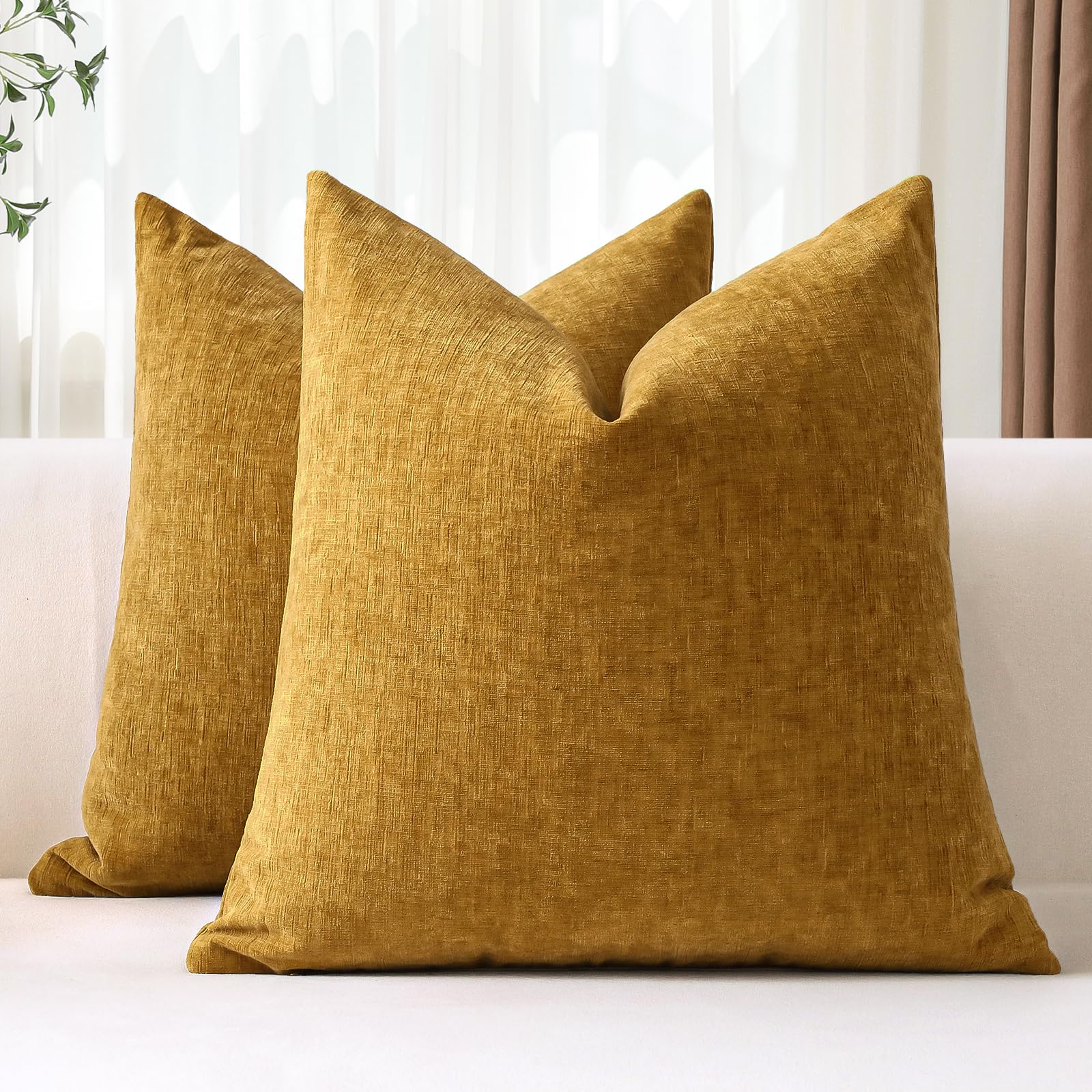 JOTOM Set of 2 Cushion Covers 50x50 cm Soft Chenille Gold Yellow Decorative Throw Pillow Covers 20x20 Inch Square Cushion Case Solid Pillowcases for Couch Sofa Living Room Bed Home Decor (Gold Yellow)