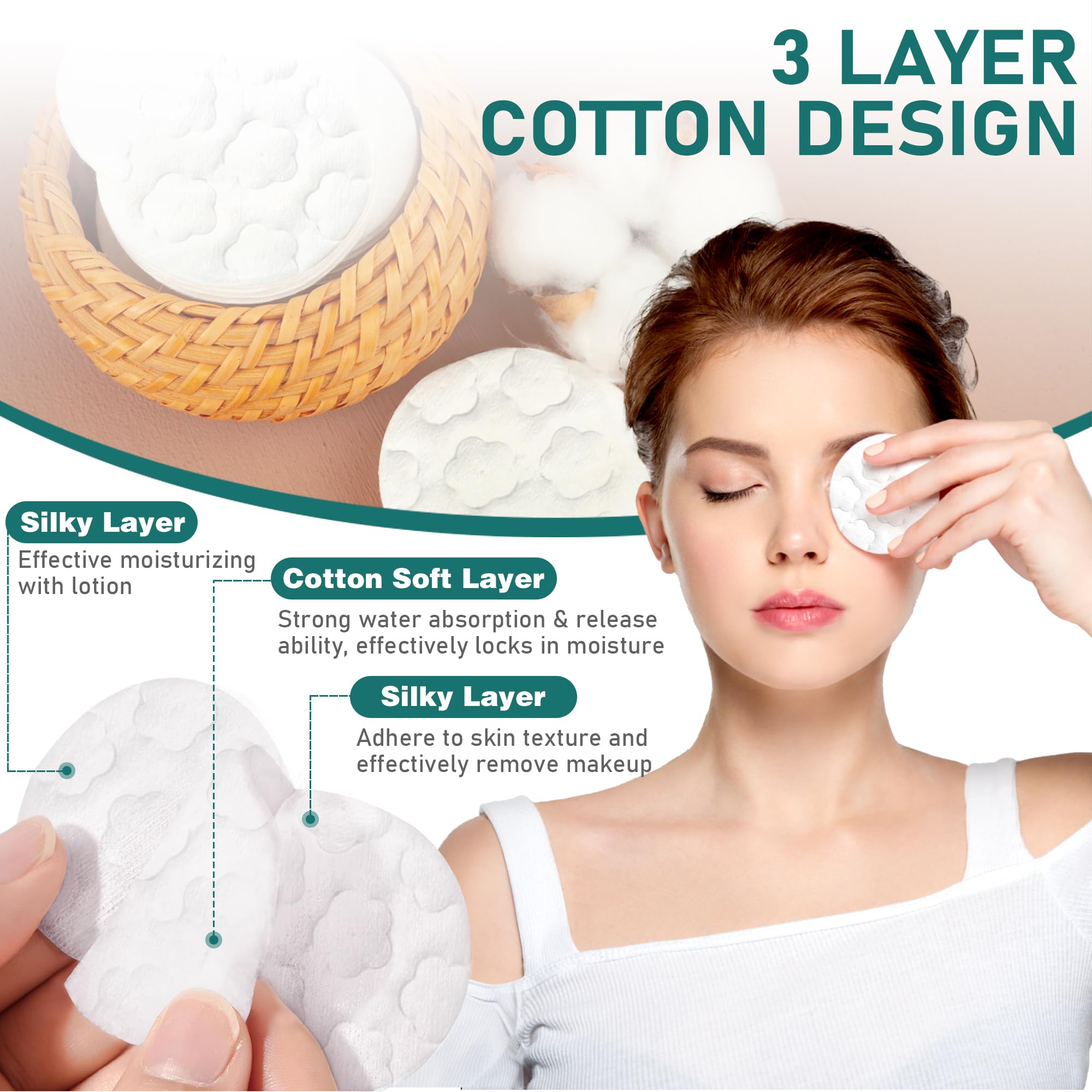 Premium Cotton Rounds for Face, 400 Count Makeup Remover Pads,100% Pure & Natural Facial Cleansing Round Pads for Makeup Removal, Nail Polish Remover (Green-4PCS)
