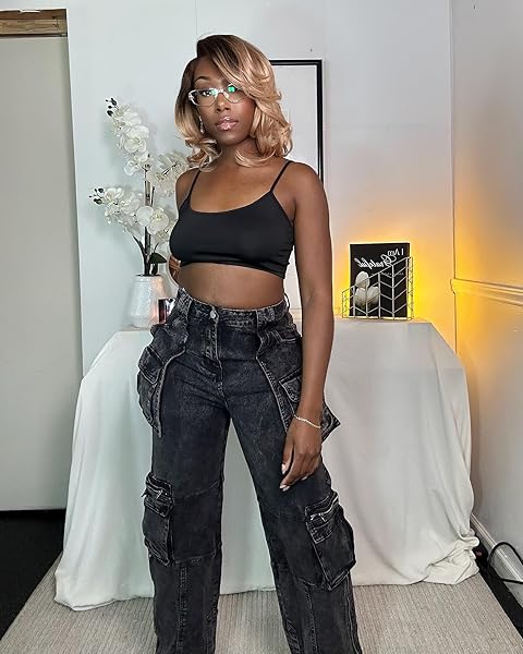 RYEHACK JEANS CARGO PANTS FOR WOMEN Y2K STRAIGHT LEG SIDE ZIPPER DENIM PANTS WITH POCKETS STRETCH JEANS STREETWEAR BLACK