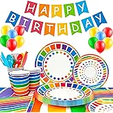 166pcs Rainbow Birthday Party Decorations 20 Guests Colorful Party Tableware Set, Rainbow Party Plates Napkins Cups Balloons Banner etc