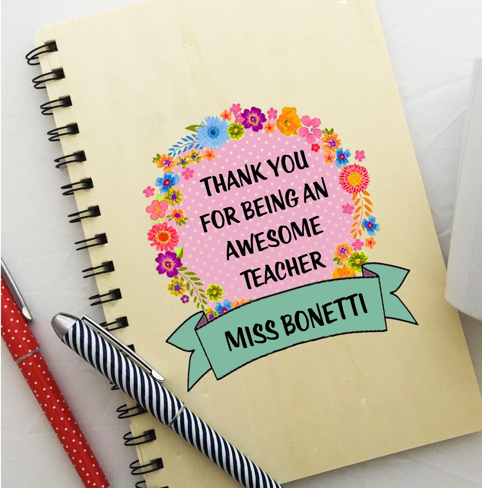 Personalised Wooden Teacher Notebook Polka Dot & Flowers School Leaving Gift