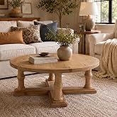 DM Furniture 42 Inches Farmhouse Reclaimed Wood Round Coffee Table, Natural | Natural Wood Grain, Pine Wooden Frame, Cross-shaped Pedestal Base, Heavy Duty Center Table, for living room