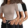 Ficerd 3 Pack Women's Ribbed T-Shirts, Cotton Short Sleeve Basic Tees Crewneck Fitted Tops Casual Shirts 2025 Summer Trendy