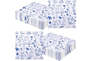 100 PCS Easter Paper Napkins Blue White Easter Bunny Napkin Retro Bunny Rabbit Flower Disposable Napkin Chinoiserie Luncheon 