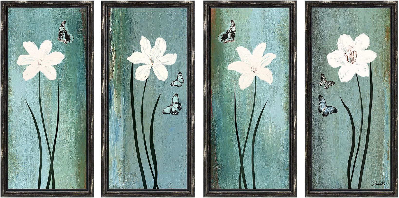Dzhan - Wall Art Canvas Prints Blue Oil Paintings Framed Set of 4 Butterfly Flower Wood Frames with Hooks to Hang for Living Room Home Decorations (14 x 31 Inch)