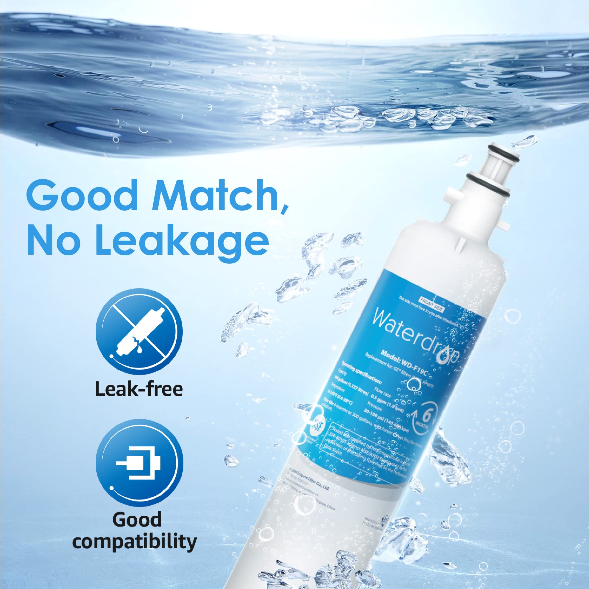Waterdrop Replacement for GE® RPWFE®, RPWF (Built-in CHIP) Refrigerator Water Filter, Compatible with GFE28GYNFS, GFE28GELDS, PFE28KELDS, PFE28KYNFS, GFD28GELDS, PWE23KELDS, PWE23KMKES