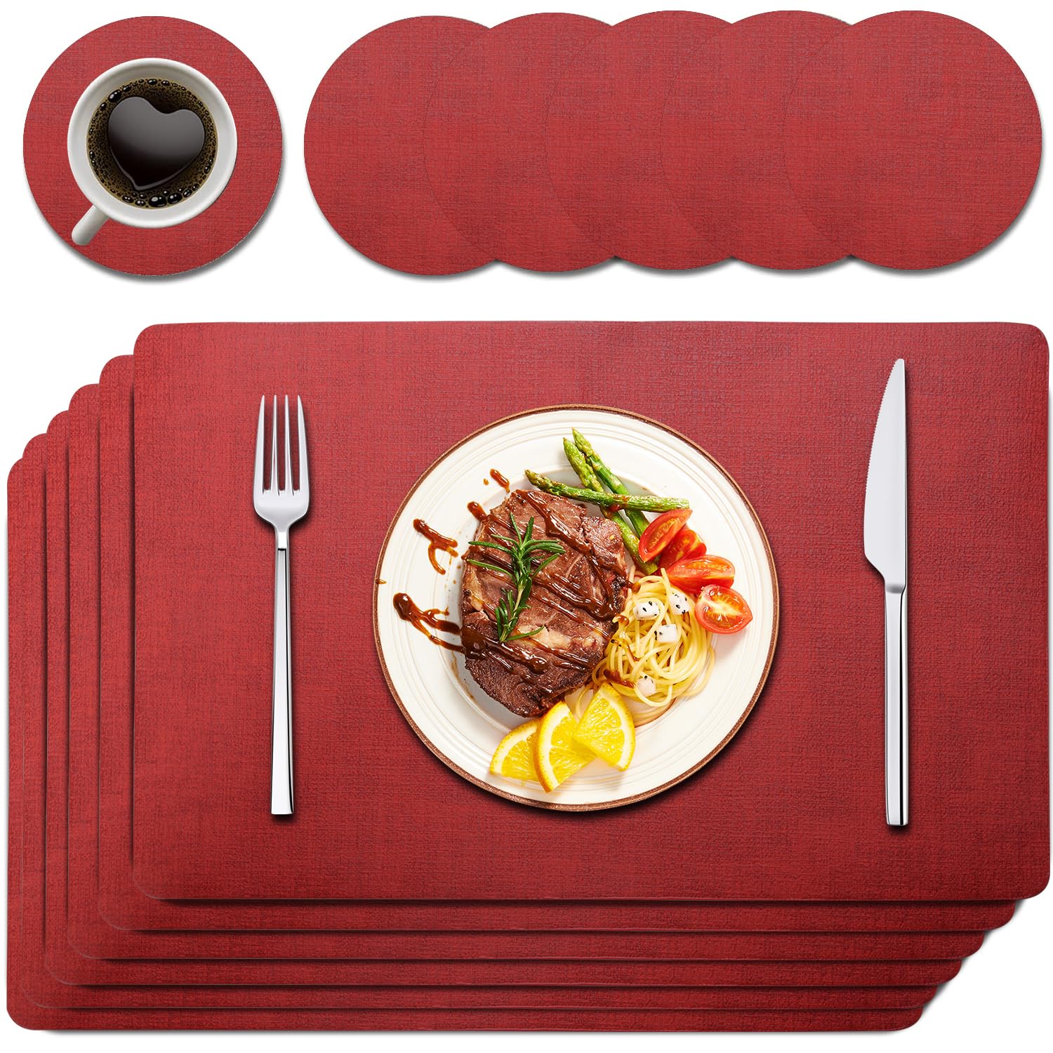 Purejoy Red Placemats Sets 6, Table Mats PU Leather Heat-Resistant, Washable and Non-Slip 43 * 30 cm Dinner Table Mats Set of 6, christmas place mats,christmas dinner set