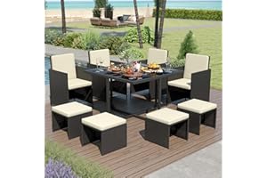 LHBcraft 9 Pieces Patio Dining Furniture Sets, Outdoor Space Saving Rattan Chairs with Glass Table, Wicker Patio Conversation Furniture Set Cushioned Seating and Back Sectional Dining Sets (BK-WH)