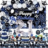 Miidenks 21st Birthday Decorations Set for Men, Navy Blue Silver Black - Happy 21st Party Decorations with Birthday Backdrop Banner, Tablecloth, 21 Number Balloons