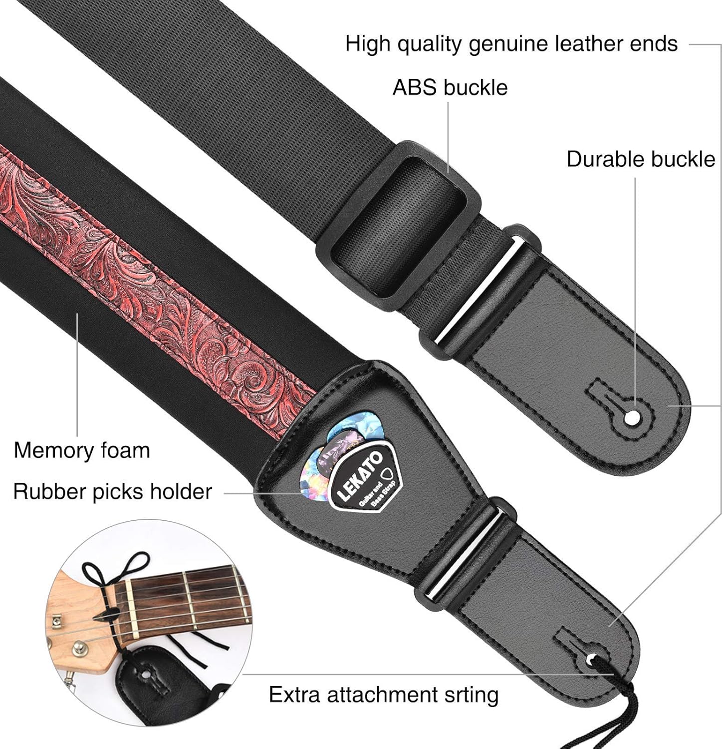 LEKATO Guitar Strap for Electric Guitars & Bass 3" Wide Padded Bass Guitar Straps Adjustable Strap Length from 45" to 55" Bass Guitar Strap with Pick Holder Strap Locks & Guitar Picks - Image 3