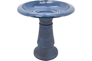 Arcadia Garden Products Fiberclay Bird Bath Outdoor Garden Decor, Antique Vintage Weather Resistant Water Bowl for Backyard and Patio and, 20-inch Tall, Blue