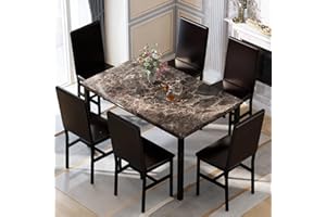 Recaceik 7 Piece Dining Table Set for 6, Faux Marble Kitchen Table with 6 PU Leather Chairs, Modern 6 Person Dining Room Table Set for Small Space, Living Room, Apartment