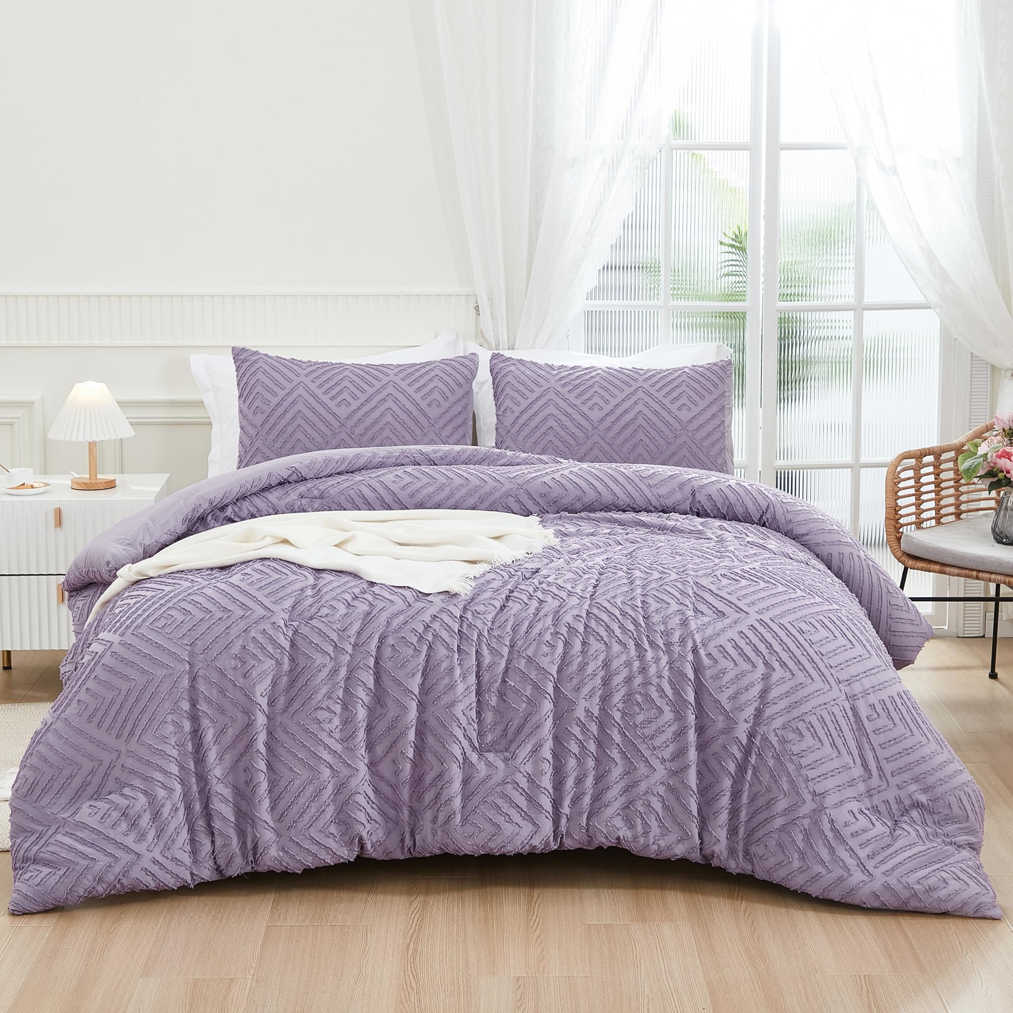 Andency Purple Comforter Set King Size, 3 Pieces Boho Girls Women Lavender Bedding Set & Collections, Farmhouse Tufted Fluffy Bed Set (1 Comforter 104x90In, 2 Pillowcases)