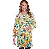 John Mark Women's Floral Print Button Front Tunic with Shirred Cuff Sleeves