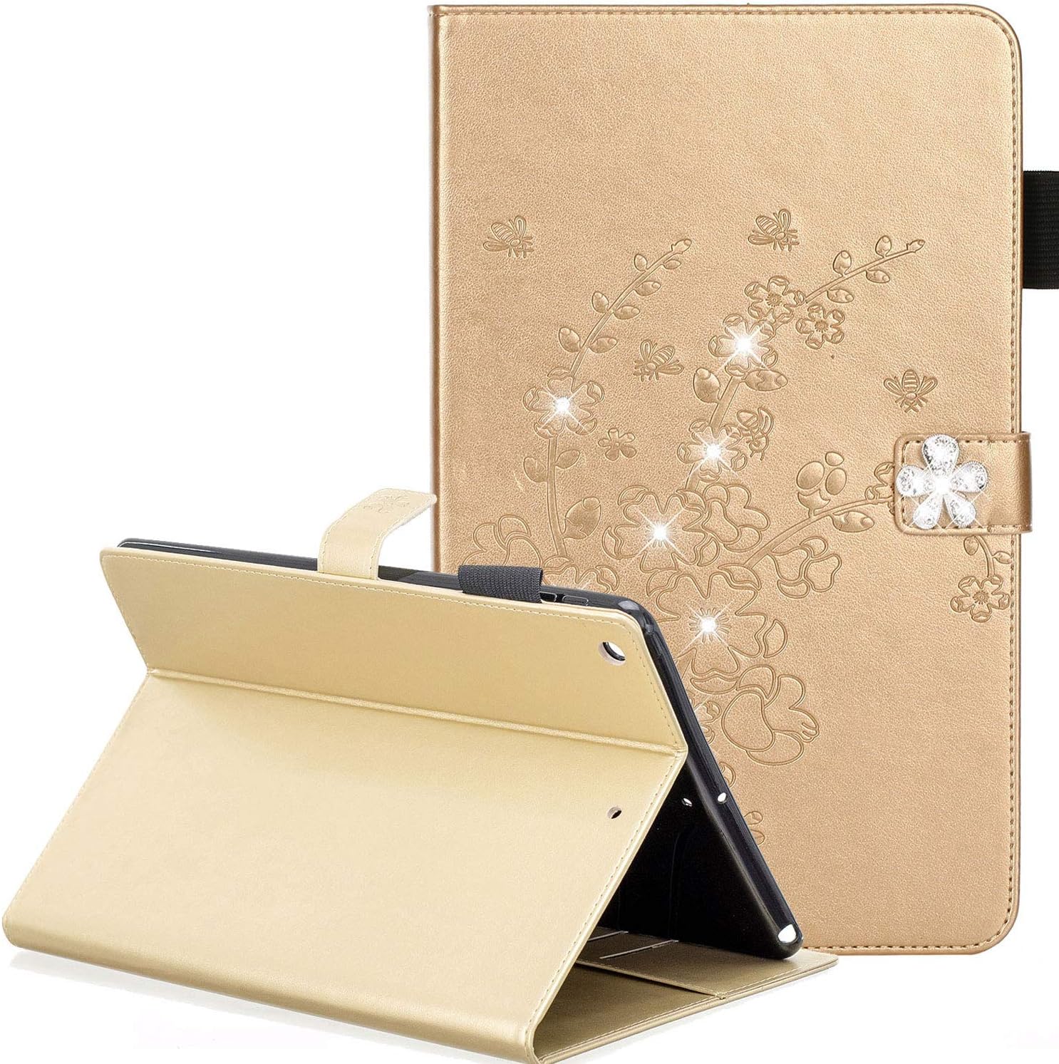 Coopts iPad 7th Generation Case 2019 iPad 10.2 Sleeve Cover with Pencil Holder, Gold Embossed Flower Slim Book Shell Folio Stand Shockproof Magnetic Auto Sleep/Wake Case for Apple iPad 10.2,Gold