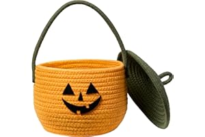 UBBCARE Halloween Pumpkin Basket for Kids, Trick or Treat Bucket with Handle and Lid, Cute Woven Rope Candy Basket for Party, 8"D x 8"W x 6.1"H (1 Pack)