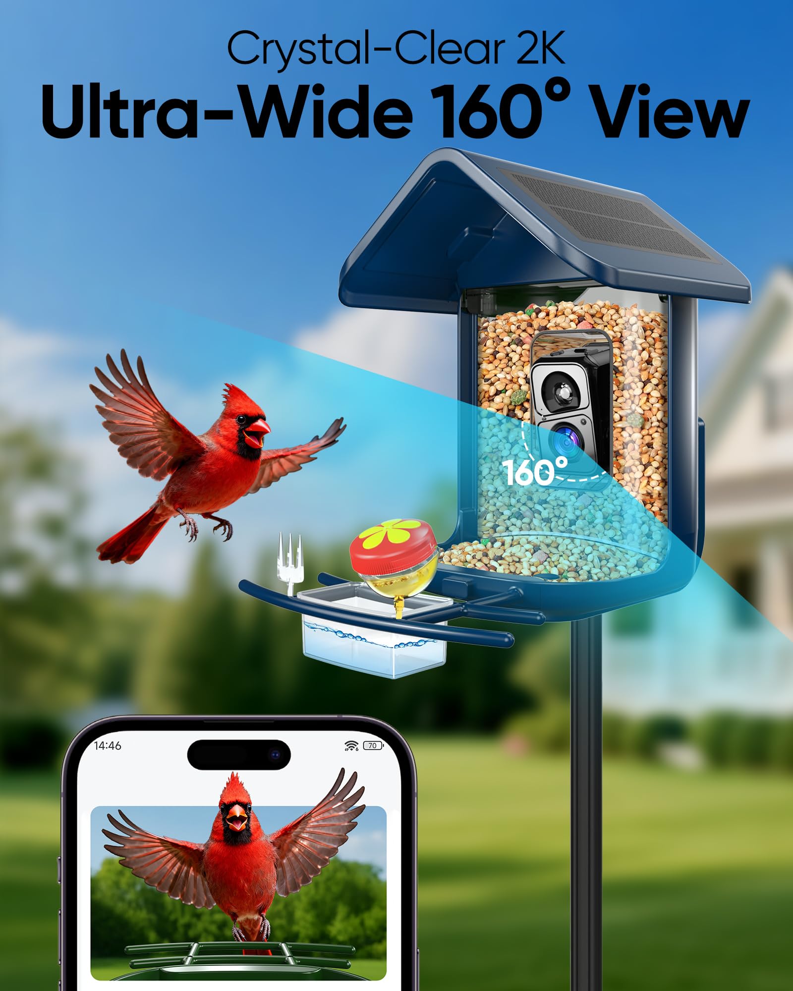Bird Feeder with Camera Solar Powered - Smart Bird Feeder Camera 2K HD Live Stream, 5MP Photos, AI Identification for Backyard, 2.4Lb Large Capacity, Gifts for Mom Dad, Blue