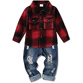 WESIDOM Toddler Boy Clothes Long Sleeve Collar Plaid Shirts Jacket Ribbed Jeans Pants Sets 1-6T Boys Fall Outfits