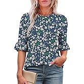Rapbin Womens 3/4 Length Sleeve Tops Loose Fit Casual Crew Neck Shirts Ruffle Tunic Blouses