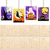 COCHIE 10PCS Large Halloween Unfinished Wood Crafts to Paint for Adults, Bulk Predrilled Wooden Ornaments for Painting, Ghost Witch Bats Paintable Wood Slices Craft Supplies with Ropes