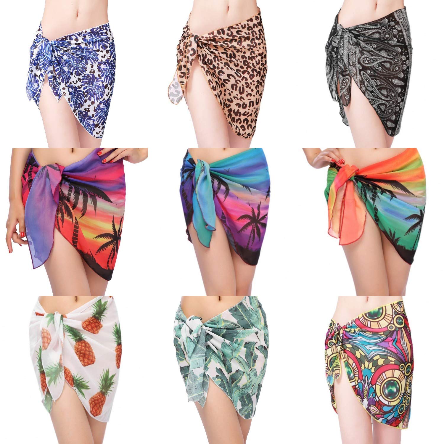 Women Beach Chiffon Sheer Short Sarong Wrap Bikini Cover Up Printed/Solid Color Mini Slit Skirt Swimwear Bathing Suit Pink Elephant