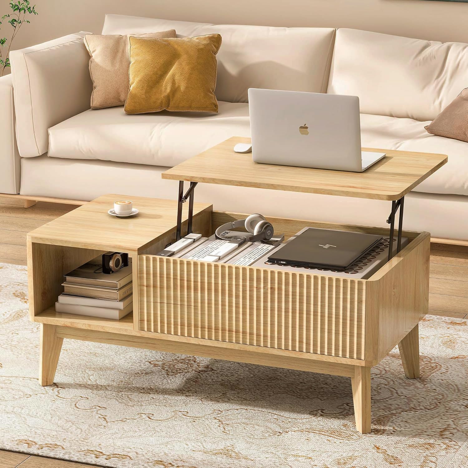 Photo 1 of LYNCOHOME Fluted Lift Top Coffee Table with Storage, Modern Coffee Table for Living Room, Home Office(Natural)