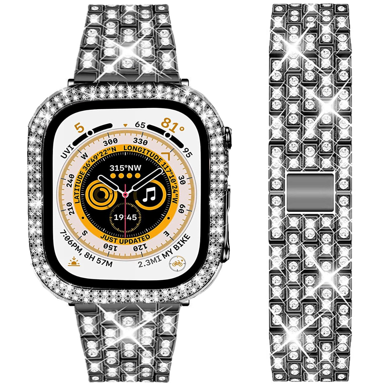 DEALELE Starp and Case Compatible with Apple Watch Ultra 2 / Ultra 49mm, Bling Rhinestone Diamond Metal Bracelet with Protective Case Cover Replacement for iWatch Series 10/9 / 8 Ultra (Black) — image 1