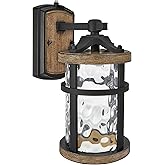 Maxxima LED Outdoor Wall Light, Black w/Wood Grain Style Finish, Clear Hammered Glass, 800 Lumens, 3000K Warm White, Dusk to 