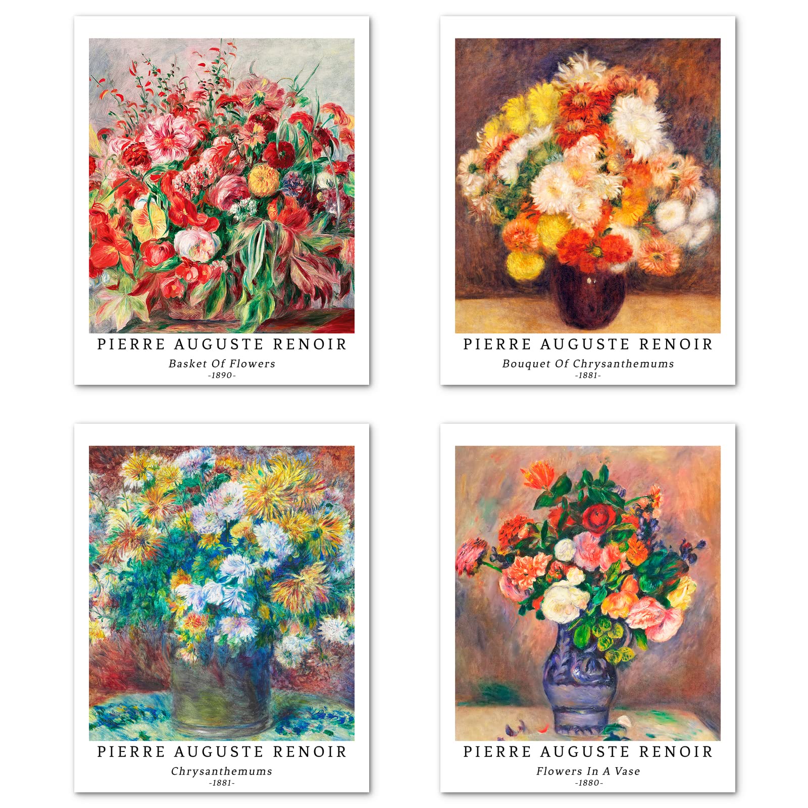 Berkin Arts Wall Art Unframed Prints Giclee Art Paper Set of 4, 8x10 inch Flower Artwork, Modern Decoration Botanical Floral Colorful Sunflower Vase Natural Pierre Auguste Renoir Pictures