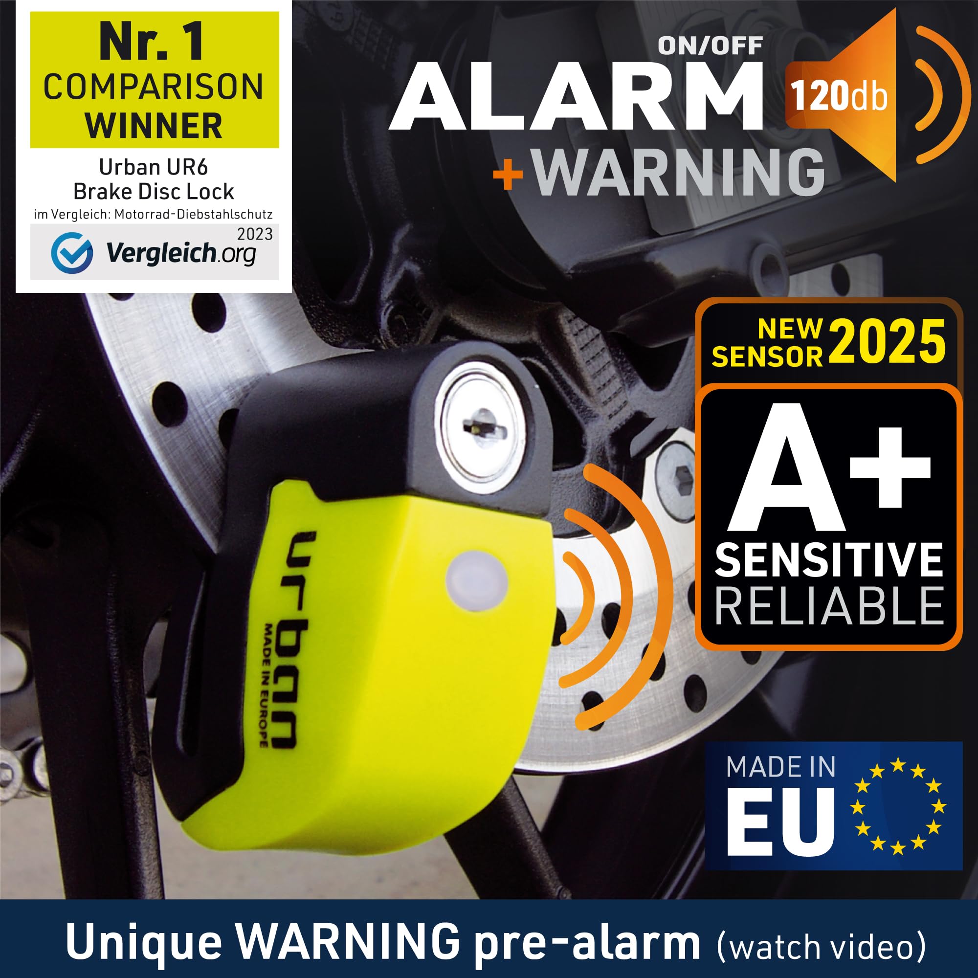 URBAN UR6 Hi-Tech Alarm Disc Lock 120db ON/OFF, Warning, Light Alert, A+ Sensitivity, Replaceable Alarm, Waterproof, Longlife Battery, Carried locked, Universal Motorcycle, Bike, Bicycle, Scooter