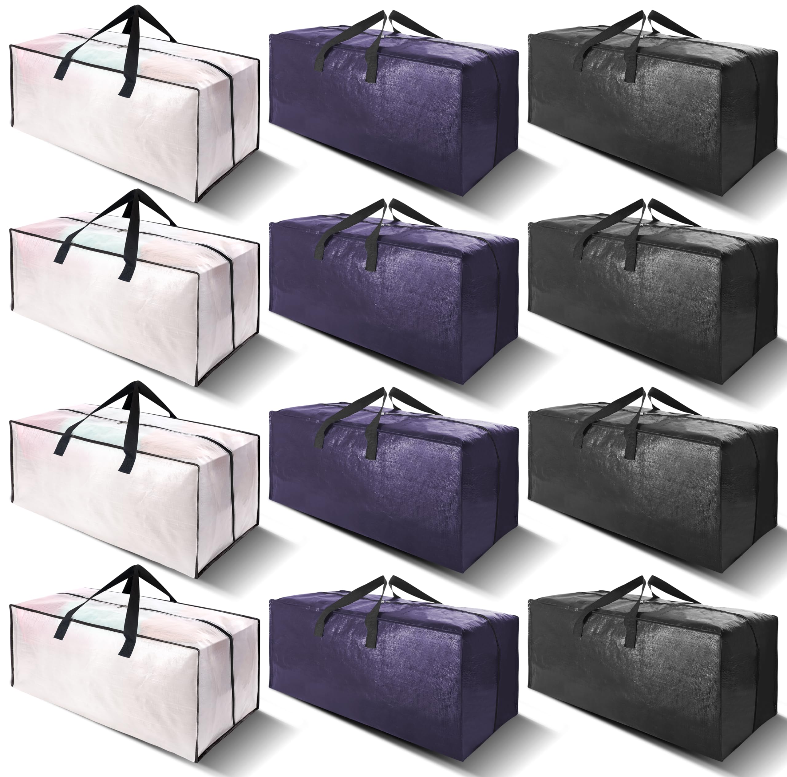 VELVETSURE 12 Pack Heavy Duty Large Moving Bags W/Backpack Straps - Strong Handles & Zippers, Storage Totes, Fold Flat, Alternative to Moving Box and Storage Bin, Semi-Transparent+Blue+Black Image